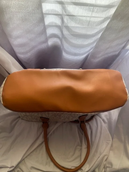 Michael Kors | Vanilla MK Monogram & Brown Leather Trim Bag - Picture 8 of 11